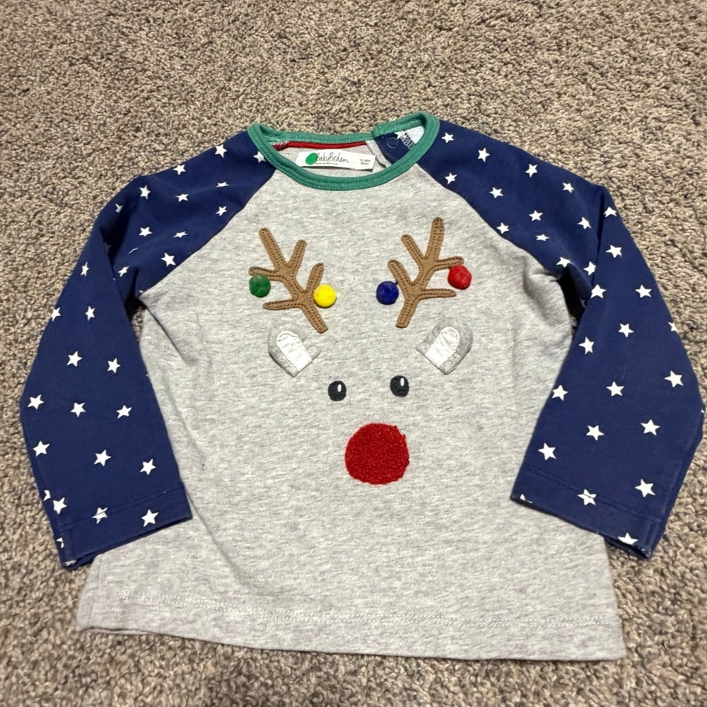 Baby Boden Reindeer Christmas Shirt 12-18M Gray Star Holiday Top